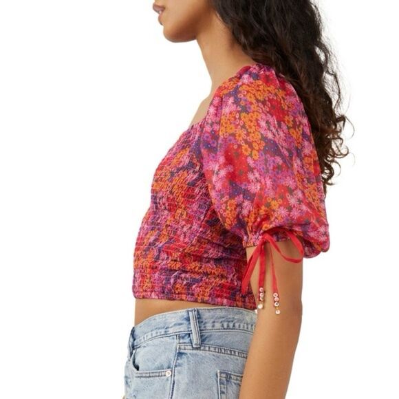 Free People Boho Smocked Back on Top Puff Sleeve Crop Top NWT Women's Large - Picture 4 of 7